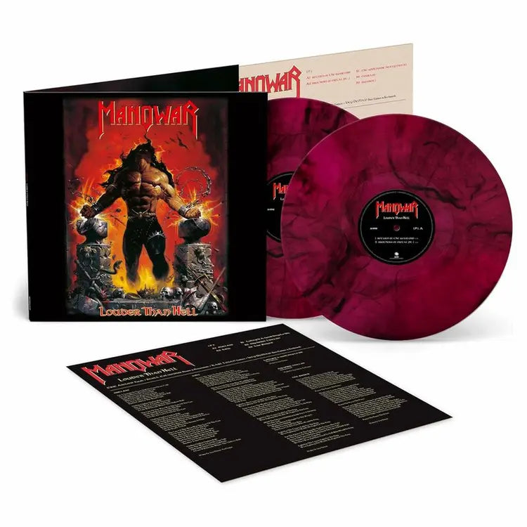 Manowar - Louder Than Hell vinyl with black and red marble effect and white background