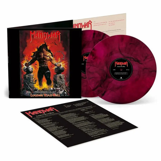 Manowar - Louder Than Hell vinyl with black and red marble effect and white background