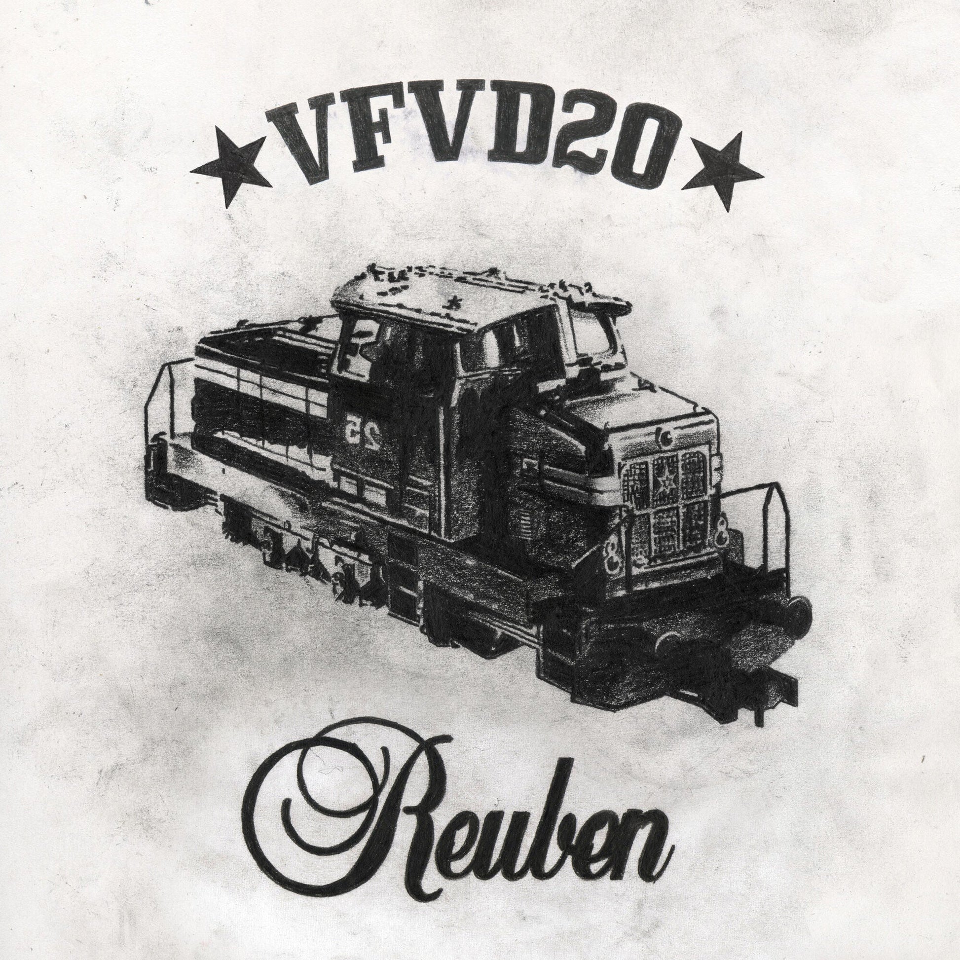 Reuben - Very Fast Very Dangerous Black and white illustration of a train with 'VFVD20' and 'Reuben' text on a textured background