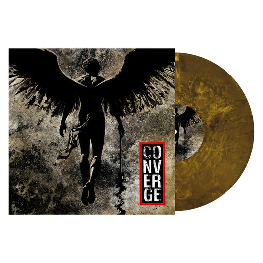 Converge Vinyl record with a black and white illustration of a figure with wings and the band name 'Converge' on a gold disc.