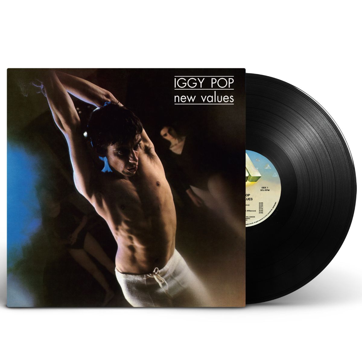 Iggy Pop - New Values Vinyl record with cover featuring a shirtless man and 'Iggy Pop New Values' text.
