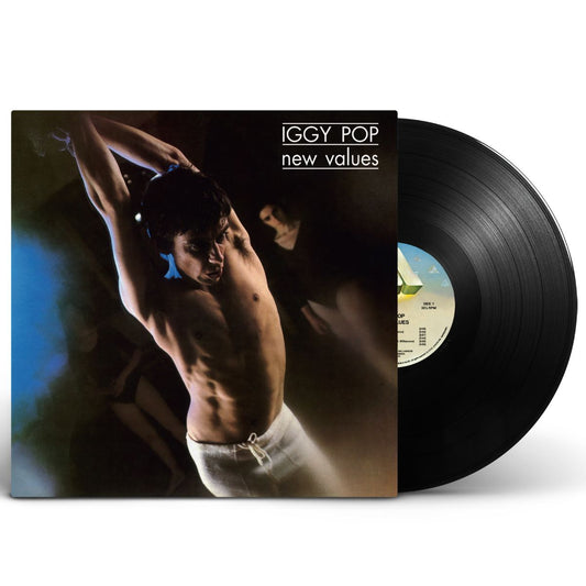 Iggy Pop - New Values Vinyl record with cover featuring a shirtless man and 'Iggy Pop New Values' text.