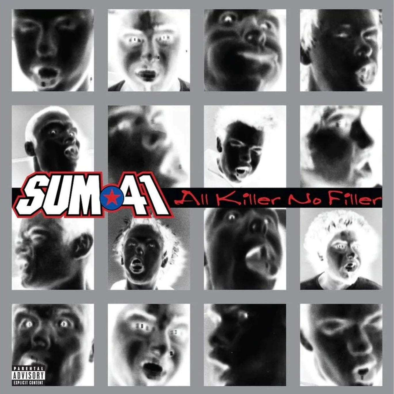 Sum 41 - All Killer No Filler (25th Anniversary Glow In Dark Silver) Vinyl Album cover for Sum 41's 'All Killer No Filler', featuring a 4x4 grid of black and white close-up portraits with a bold red, white, and blue band logo across the center.