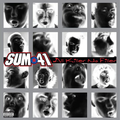 Sum 41 - All Killer No Filler (25th Anniversary Glow In Dark Silver) Vinyl Album cover for Sum 41's 'All Killer No Filler', featuring a 4x4 grid of black and white close-up portraits with a bold red, white, and blue band logo across the center.