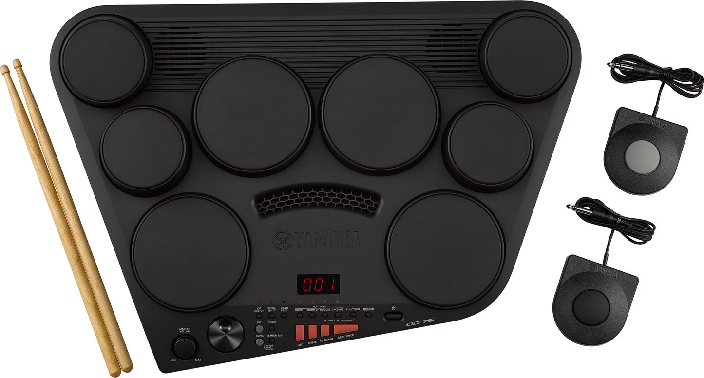 Yamaha DD-75 Black electronic drum pad with drumsticks and connection cables on a white background