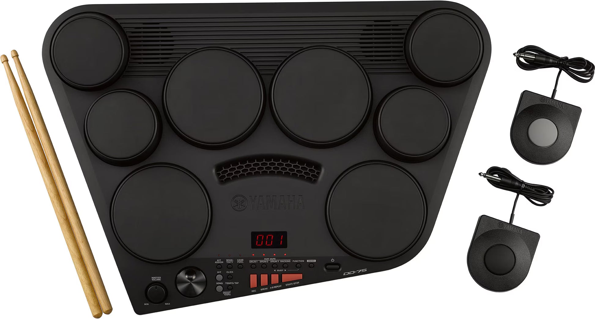 Yamaha DD-75 Black electronic drum pad with drumsticks and connection cables on a white background
