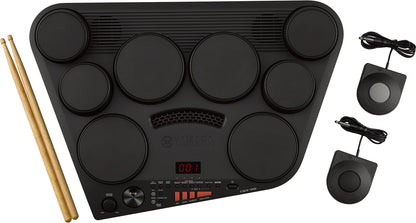 Yamaha DD-75 Black electronic drum pad with drumsticks and connection cables on a white background