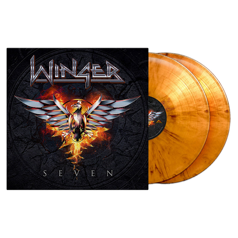 Winger Vinyl album with 'Winger' cover featuring a fiery design and two orange vinyl records.