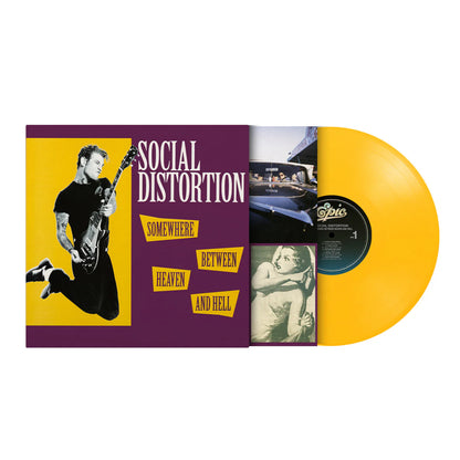 Social Distortion - Somewhere Between Heaven and Hell vinyl record LP with its illustrated sleeve cover and a translucent yellow record partially pulled out, shown on a plain white background.