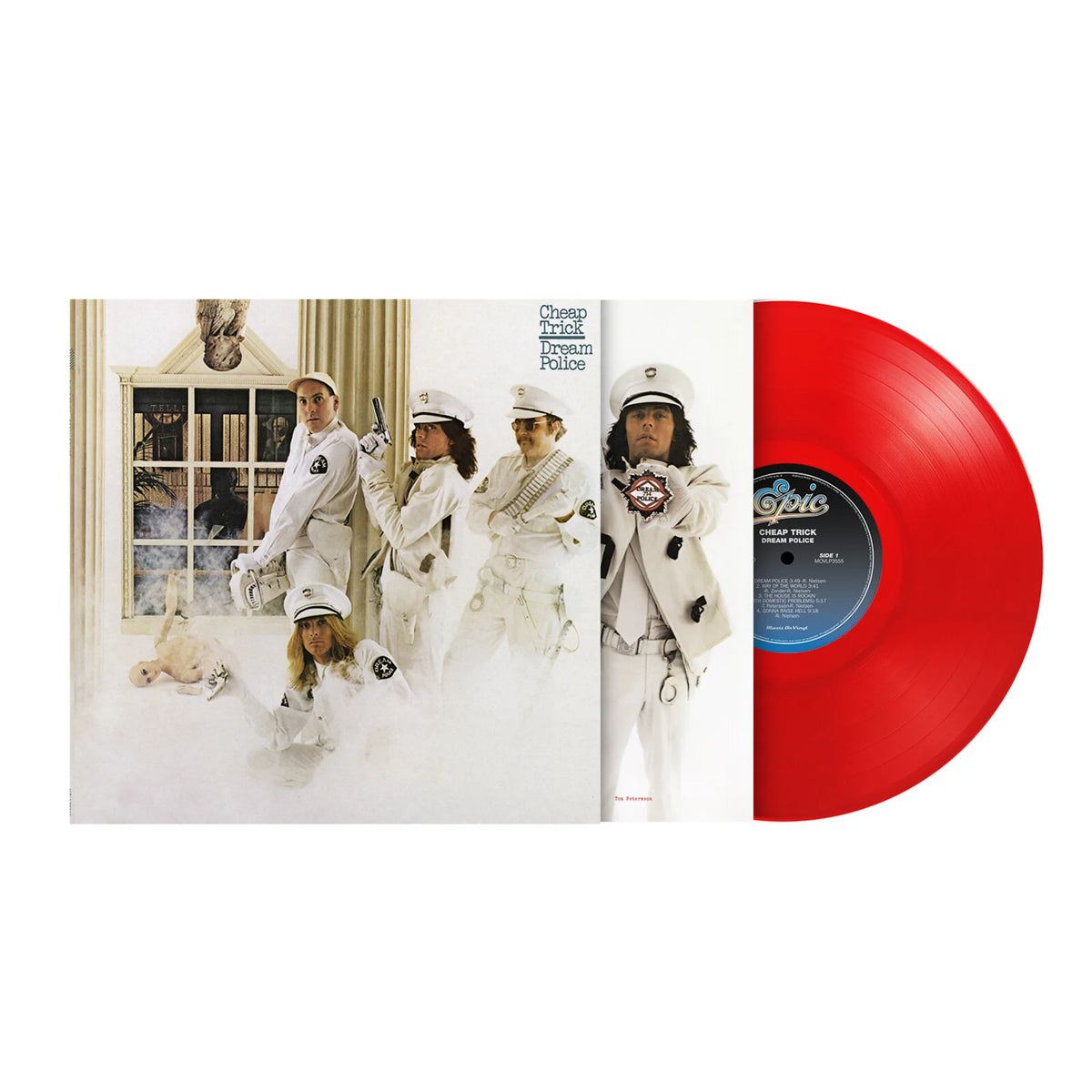 Cheap Trick - Dream Police (Translucent Red) Vinyl A vinyl record album shown open to reveal the printed cover art and a bright red vinyl disc partially pulled out. The cover features four people in white outfits in a room scene, and the record label reads Gips.