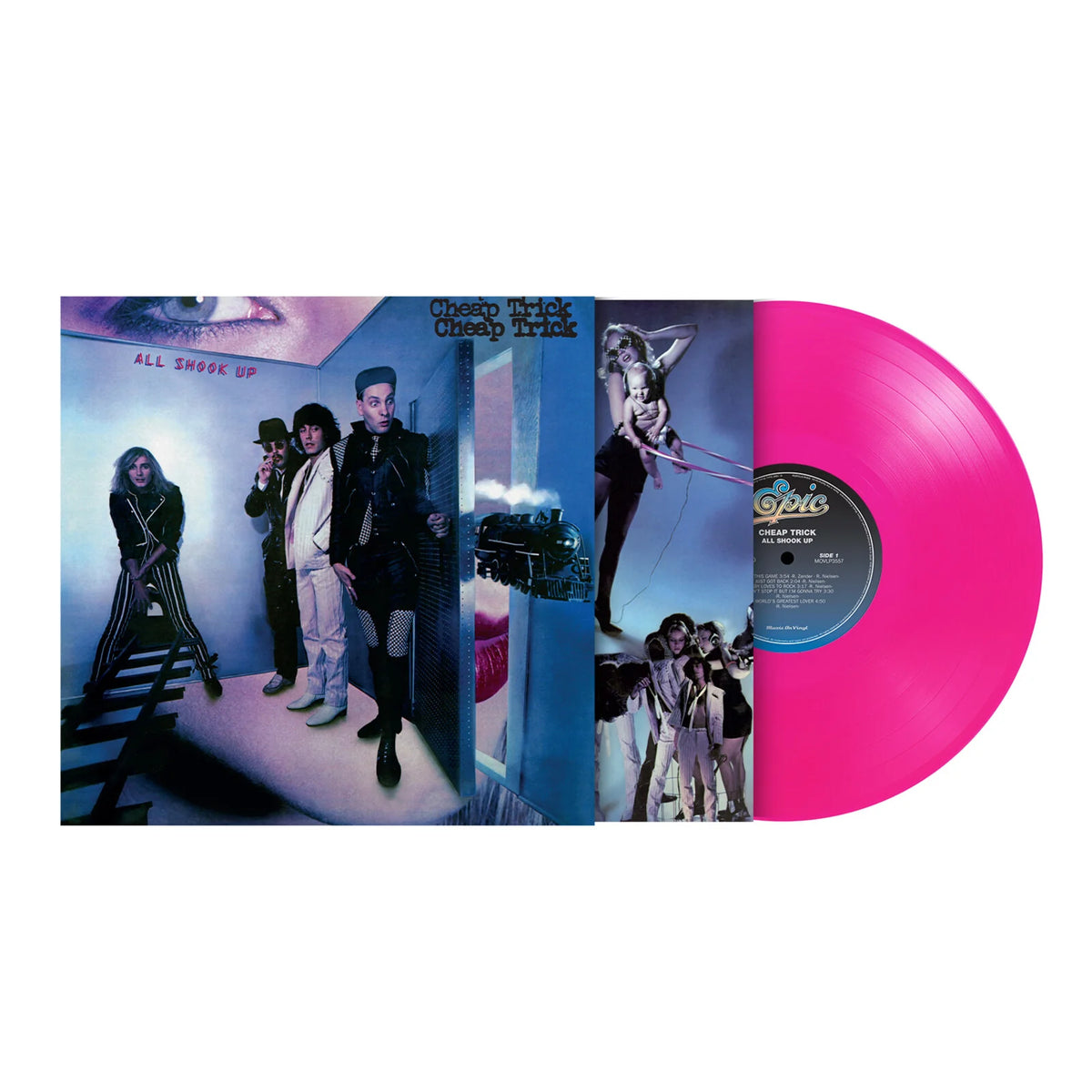 Cheap Trick - All Shook Up (Translucent Magenta) Vinyl A vinyl record album shown open to reveal the printed cover art and a bright pink record partially pulled out. The center label shows the band name 'Clouds in the Sky' and the record label 'Ode'.