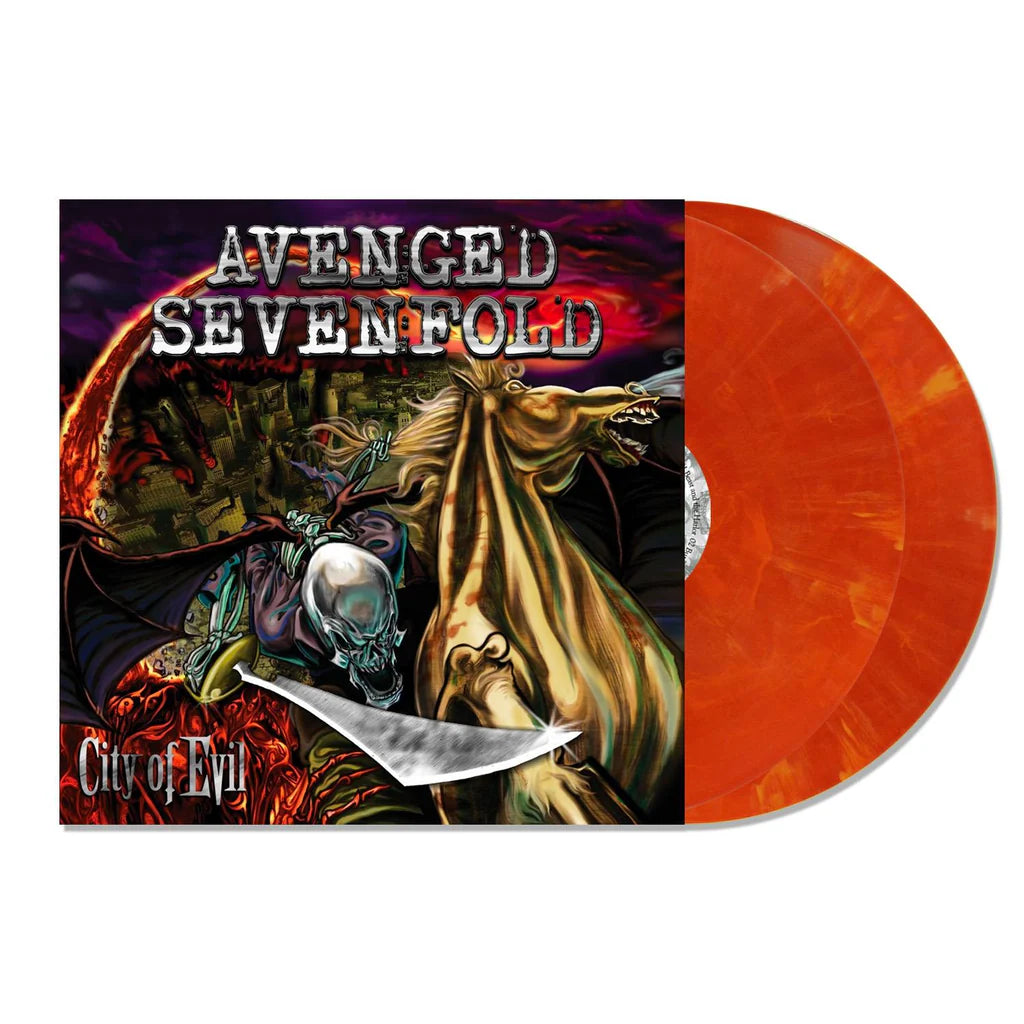 Avenged Sevenfold - City of Evil album cover with orange splatter covered vinyls