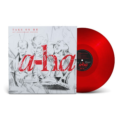 A-ha - Take On Me Red vinyl record with 'a-ha' album cover featuring black and white illustrations.