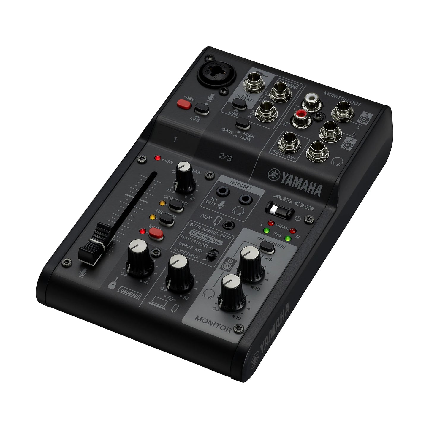 Yamaha AG03MK2 audio mixer on a white background