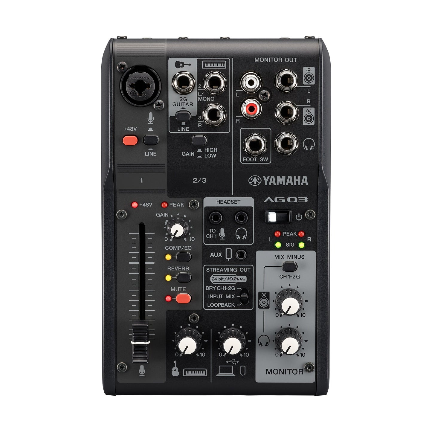 Yamaha AG03MK2 audio mixer on a white background