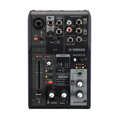 Yamaha AG03MK2 audio mixer on a white background