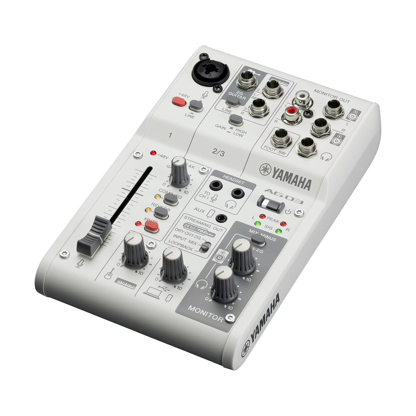 Yamaha AG03MK2 audio mixer on a white background