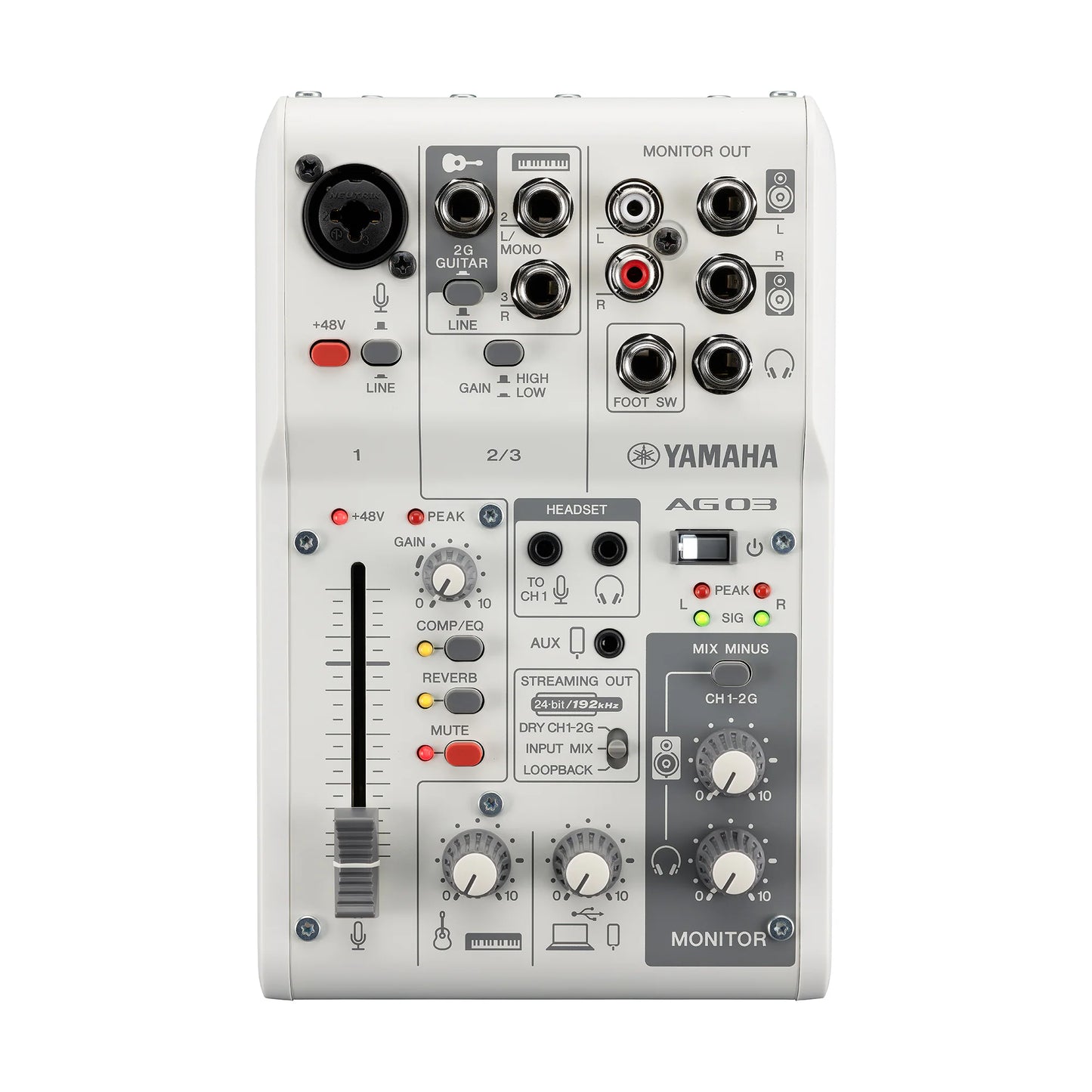 Yamaha AG03MK2 audio mixer on a white background