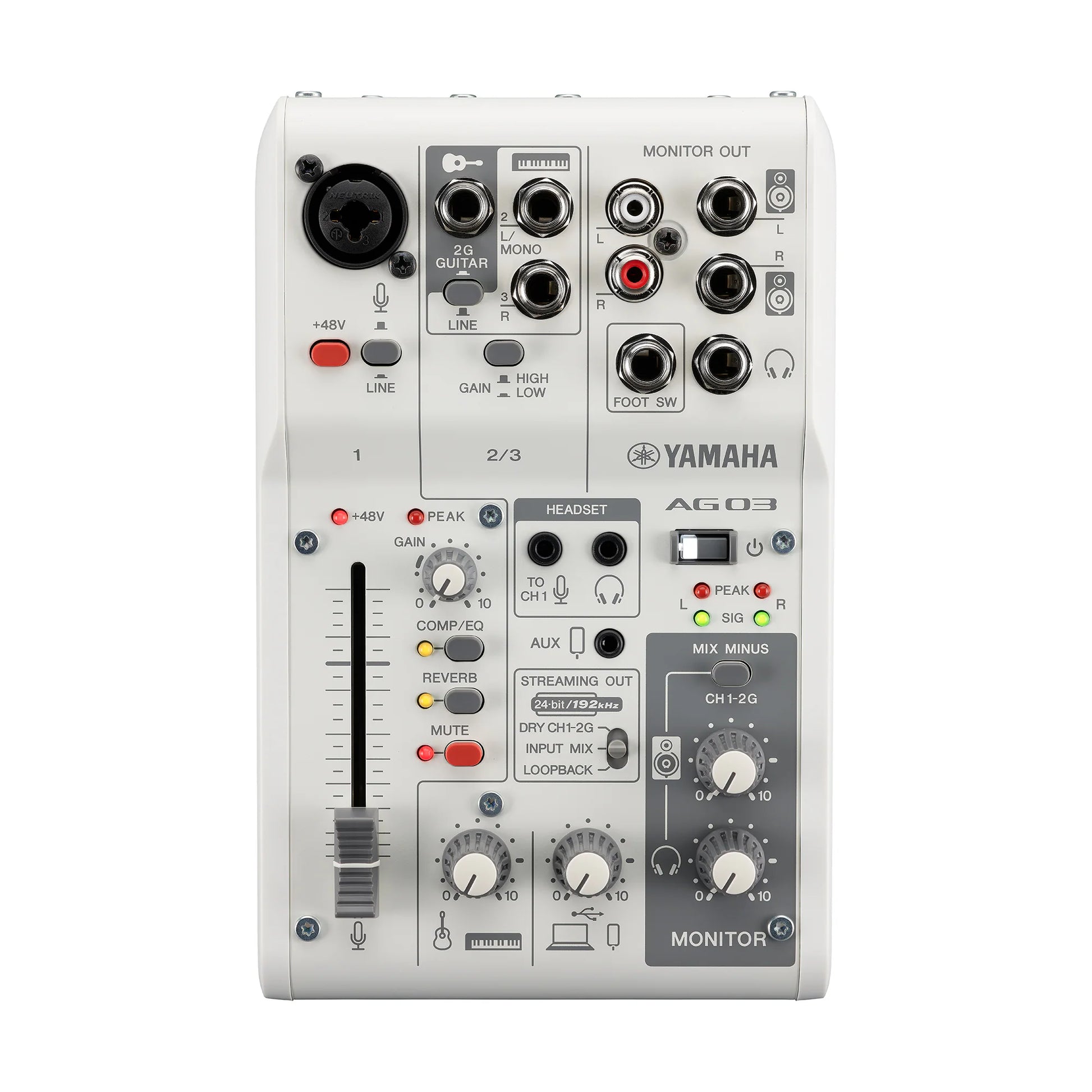 Yamaha AG03MK2 audio mixer on a white background
