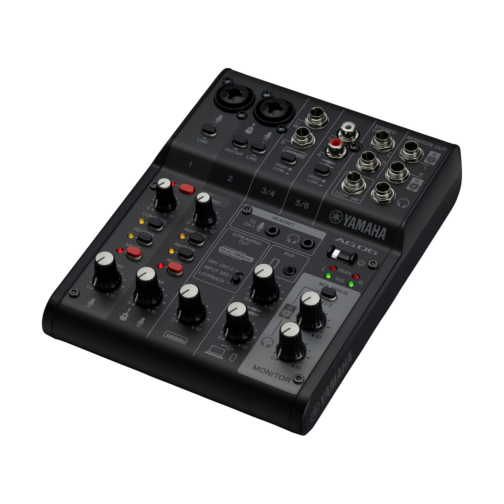 Black Yamaha AG06MK2 audio mixer on a white background