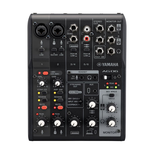 Yamaha AG06MK2 audio mixer on a white background