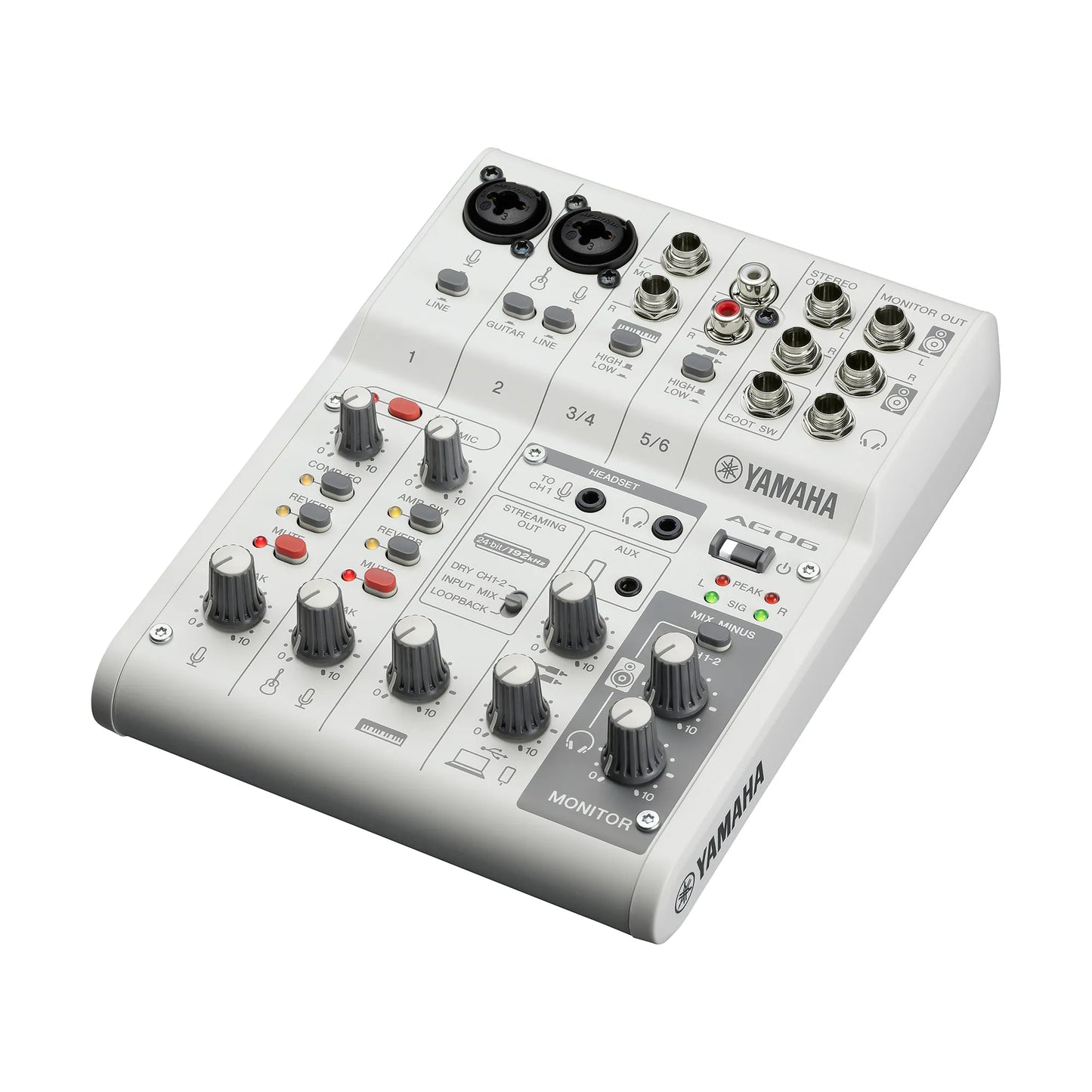Yamaha AG06MK2 audio mixer on a white background