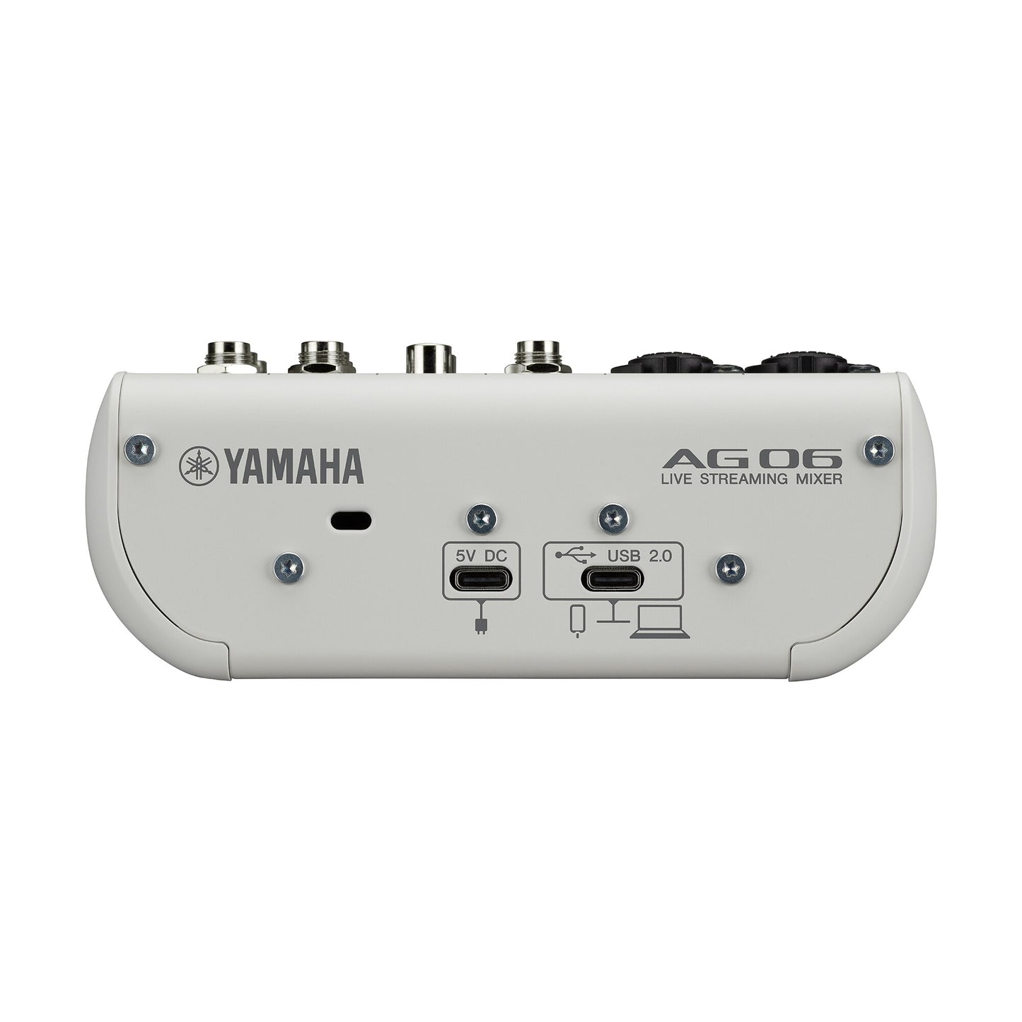 Yamaha AG06MK2 live streaming mixer on a white background