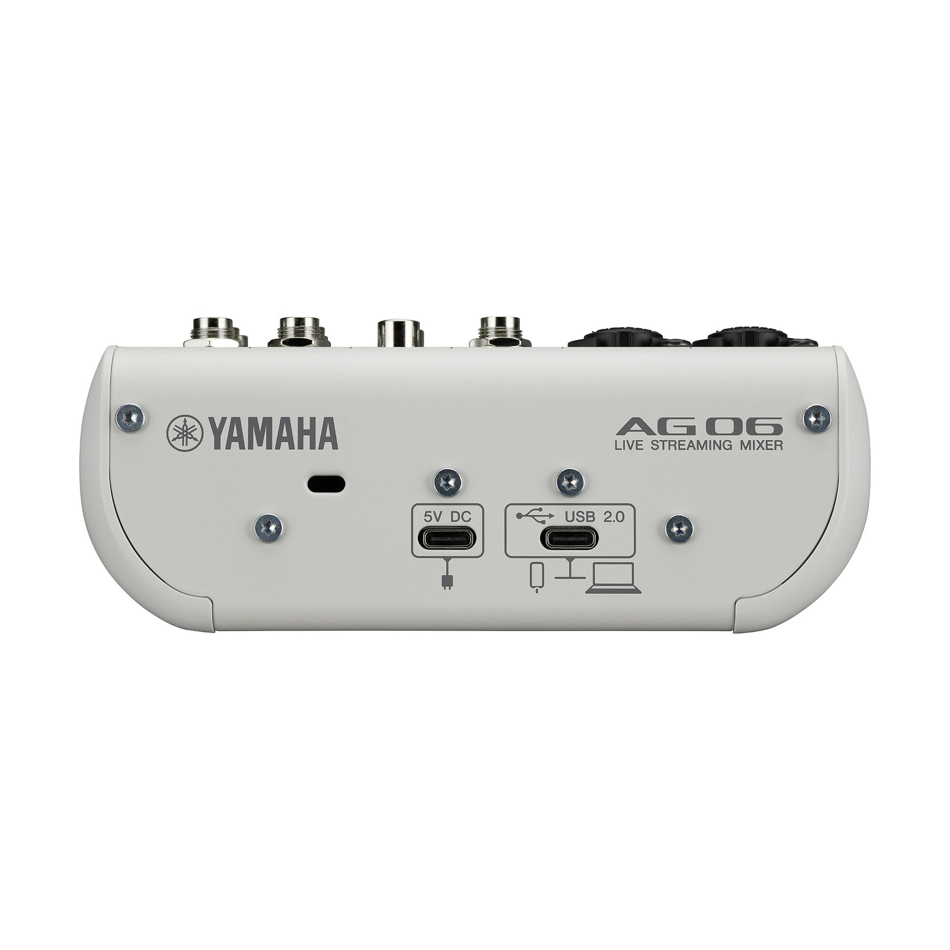 Yamaha AG06MK2 live streaming mixer on a white background