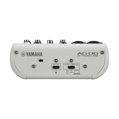 Yamaha AG06MK2 live streaming mixer on a white background