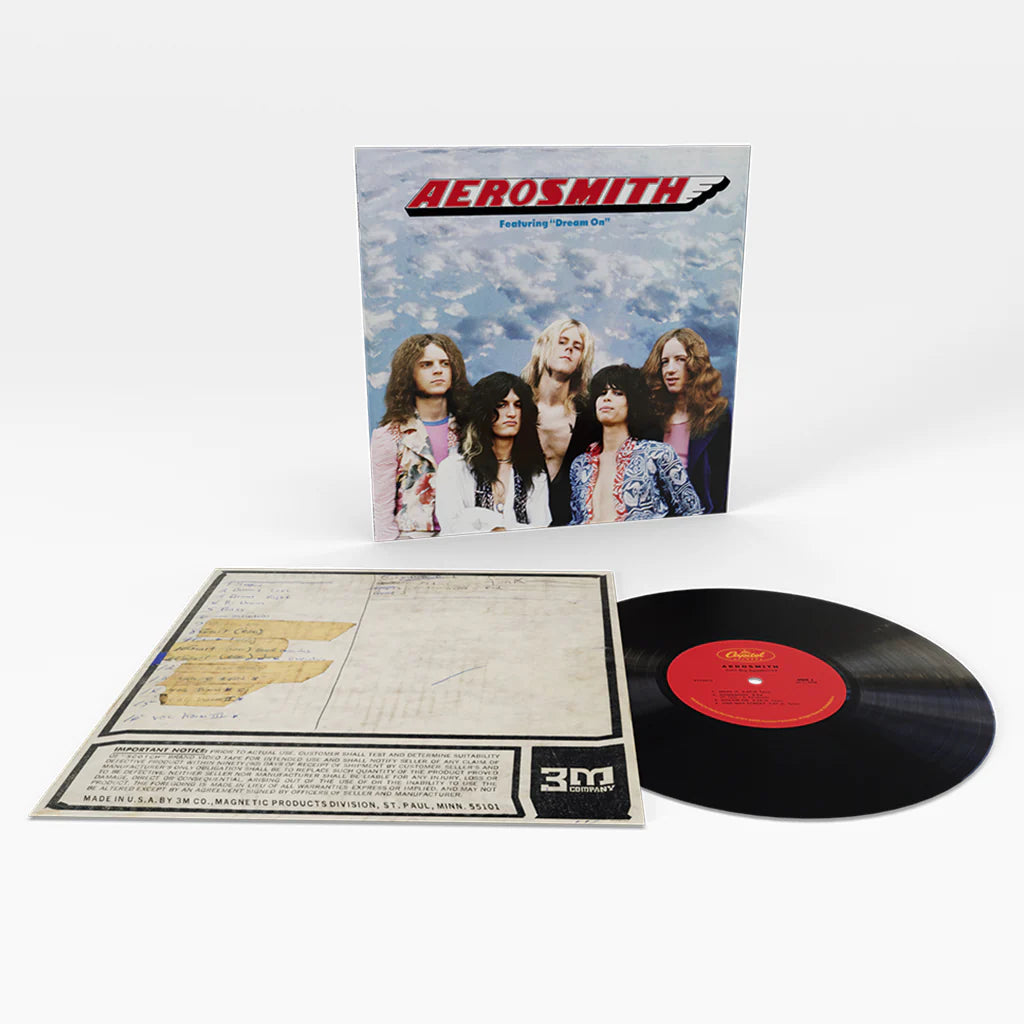 Aerosmith Vinyl record with Aerosmith album cover and liner notes on a white background