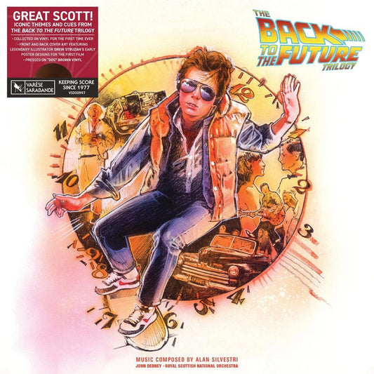 Alan Silvestri - The Back To The Future Trilogy Album cover for 'Back to the Future' trilogy featuring a person in a vintage outfit with a clock design.