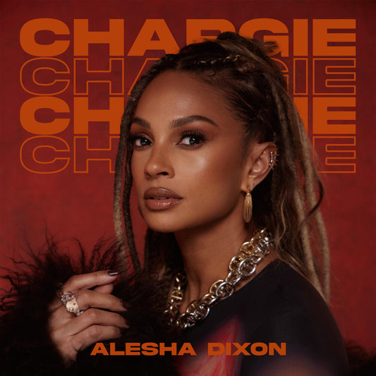 Alesha Dixon - Chargie Alesha Dixon with braided hair and jewelry against a red background with 'Chargie' text.
