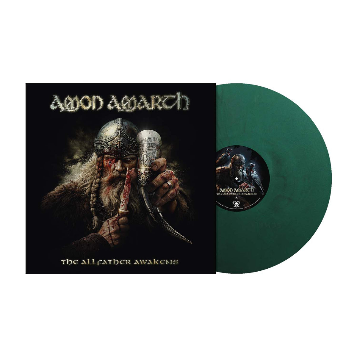 Amon Amarth - The Allfather Awakens (Oden's Hunt Green Marble) Vinyl Amon Awarch 'The Allfather Awakens' vinyl record LP with its cover art sleeve, featuring a dark green translucent record partially pulled from the sleeve on a white background.