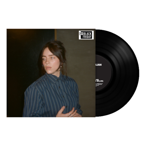 Billie Eilish - Birds of a Feather Black vinyl record with a person wearing a striped shirt on a white background