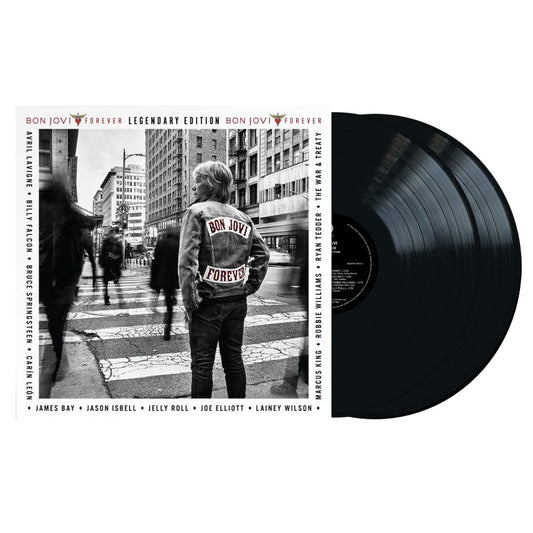 Bon Jovi - Forever Vinyl record with a person walking on a city street, featuring the album 'Forever' by Bon Jovi.