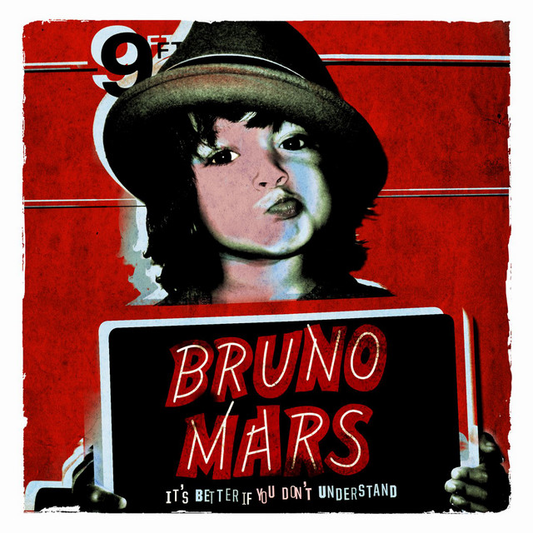 Bruno Mars - It's Better If You Don't Understand Album cover with a person holding a sign displaying 'Bruno Mars' and album title on a red background.