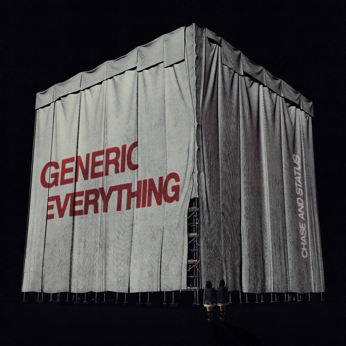 Chase & Status - Generic Everything Vinyl Album cover art for Chase and Status's 'Generic Everything' featuring a large white tent-like structure with red text on a black background.