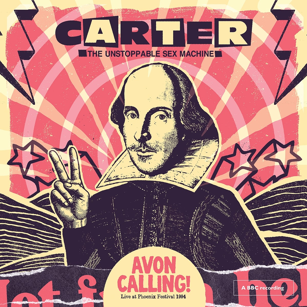 CARTER THE UNSTOPPABLE SEX MACHINE - AVON CALLING Album cover with a stylized illustration of a historical figure, text, and geometric patterns.