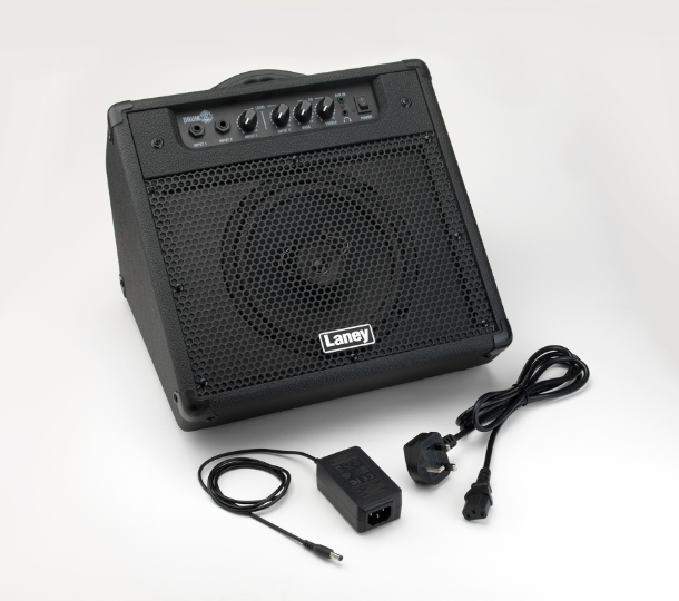 Laney DH40 Personal Drum Monitor with power adapter and cables, ideal for practice and performance.