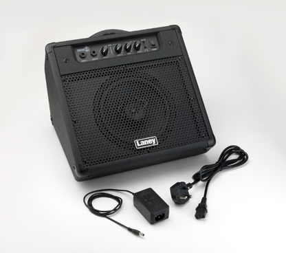 Laney DH40 Personal Drum Monitor with power adapter and cables, ideal for practice and performance.