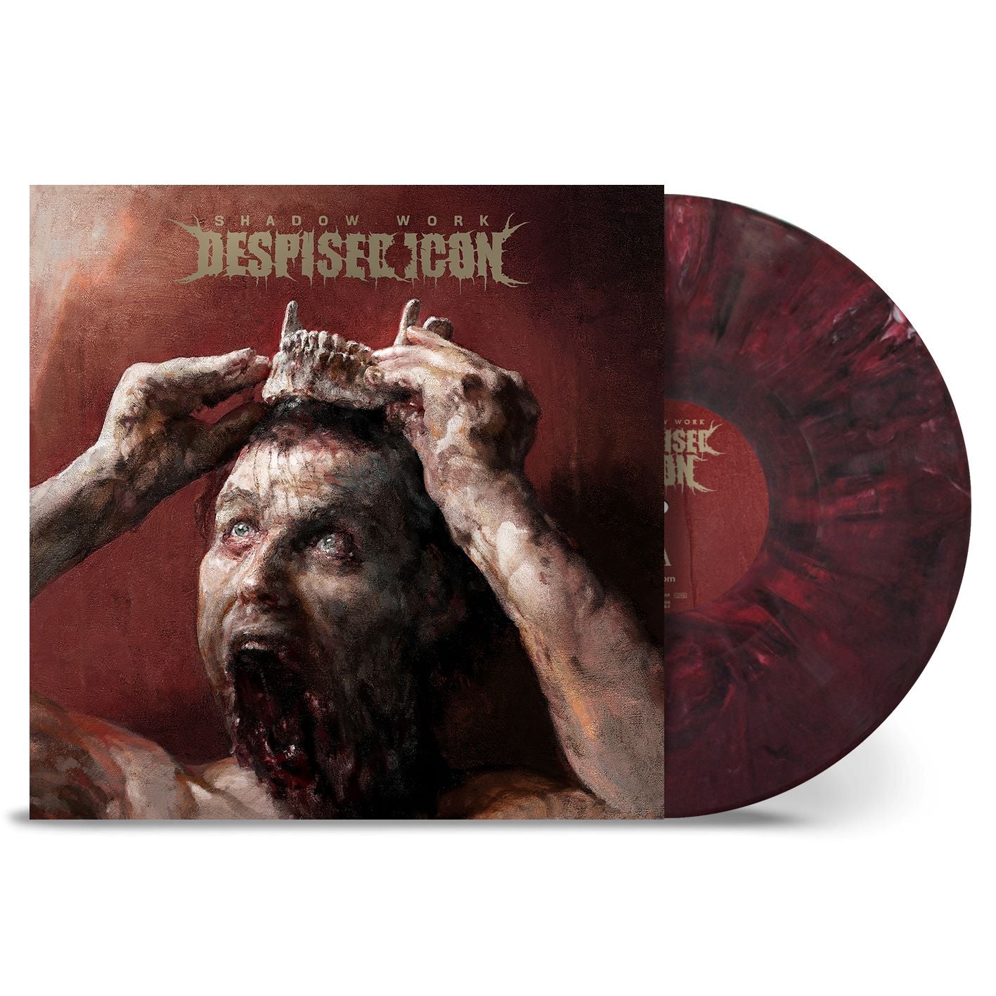 Despised Icon - Shadow Work Vinyl record with a graphic design of a person holding a skull, featuring the band 'Despised Icon' on a red and brown background.