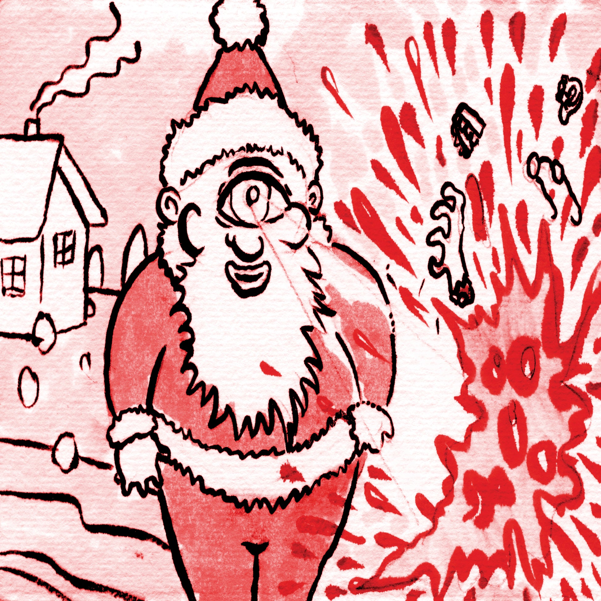 Devo - Merry Something To You Cartoon Santa Claus with a red and white striped hat and beard, standing in front of a house with smoke coming out of the chimney.