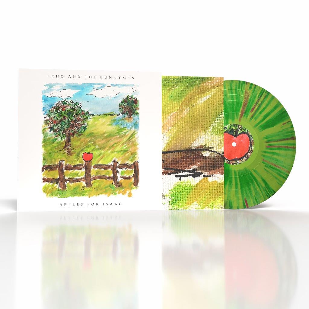 Echo & The Bunnymen - Apples For Isaac (Green Splatter) Vinyl Vinyl record album cover and partially slid-out disc for Echo and the Bunnymen's 'Apples for Isaac', featuring a colorful painted landscape with a red apple and green marbled record design.
