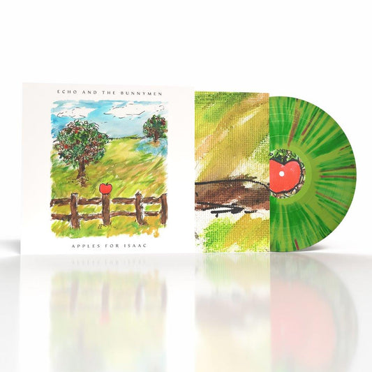 Echo & The Bunnymen - Apples For Isaac (Green Splatter) Vinyl Vinyl record album cover and partially slid-out disc for Echo and the Bunnymen's 'Apples for Isaac', featuring a colorful painted landscape with a red apple and green marbled record design.