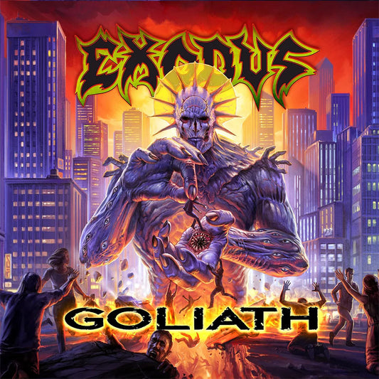 Exodus Album cover for 'Goliath' by Exodus with a creature and people in a cityscape.