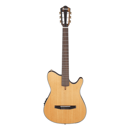 Electric guitar with a natural wood finish on a white background