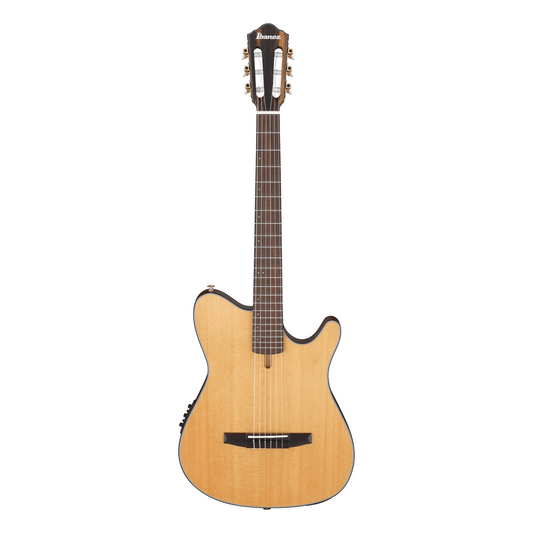 Electric guitar with a natural wood finish on a white background