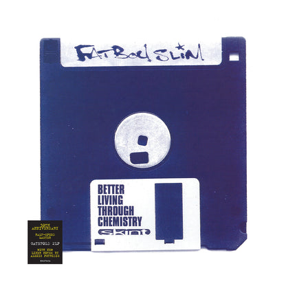 Fatboy Slim - Better Living Through Chemistry (30th Anniversary) Vinyl A vintage blue 3.5-inch floppy disk with handwritten text on the label, shown against a plain white background.