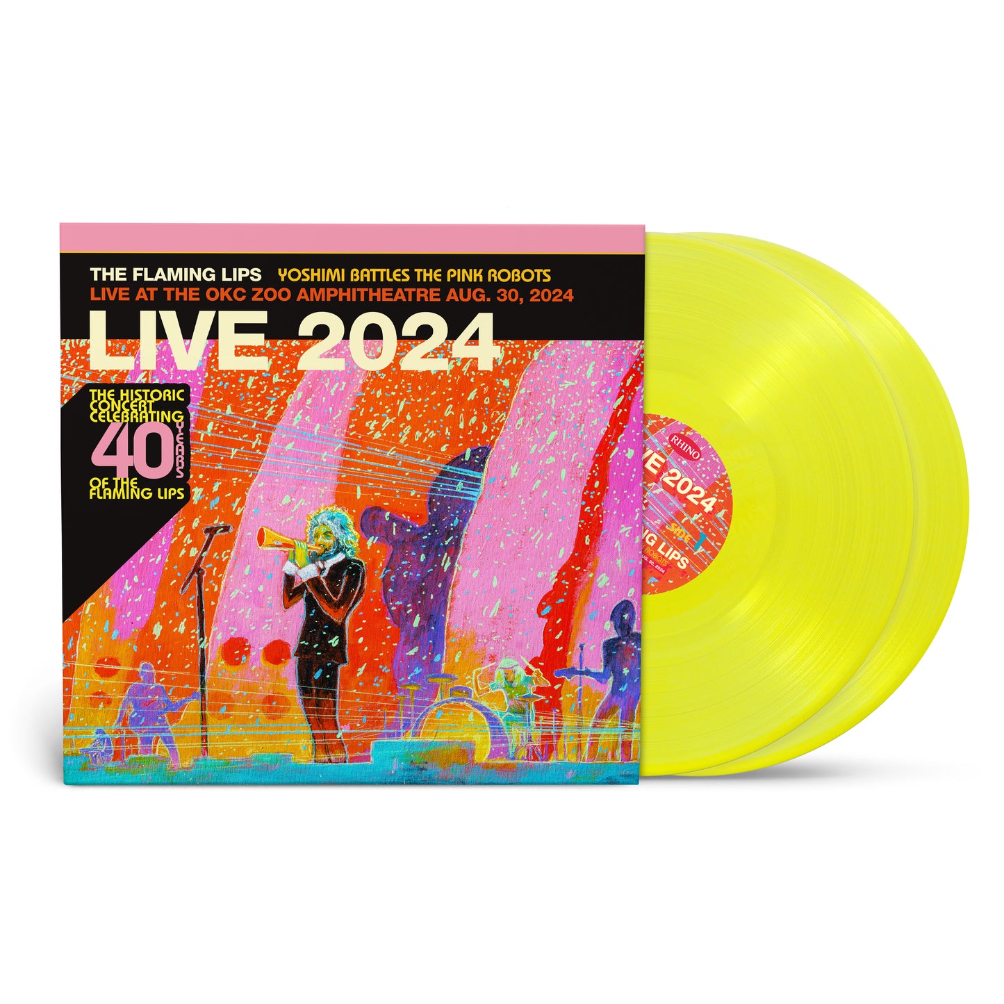 The Flaming Lips - Yoshimi Battles The Pink Robots Vinyl record with colourful cover featuring 'Live 2024' and 'The Flaming Lips' text.