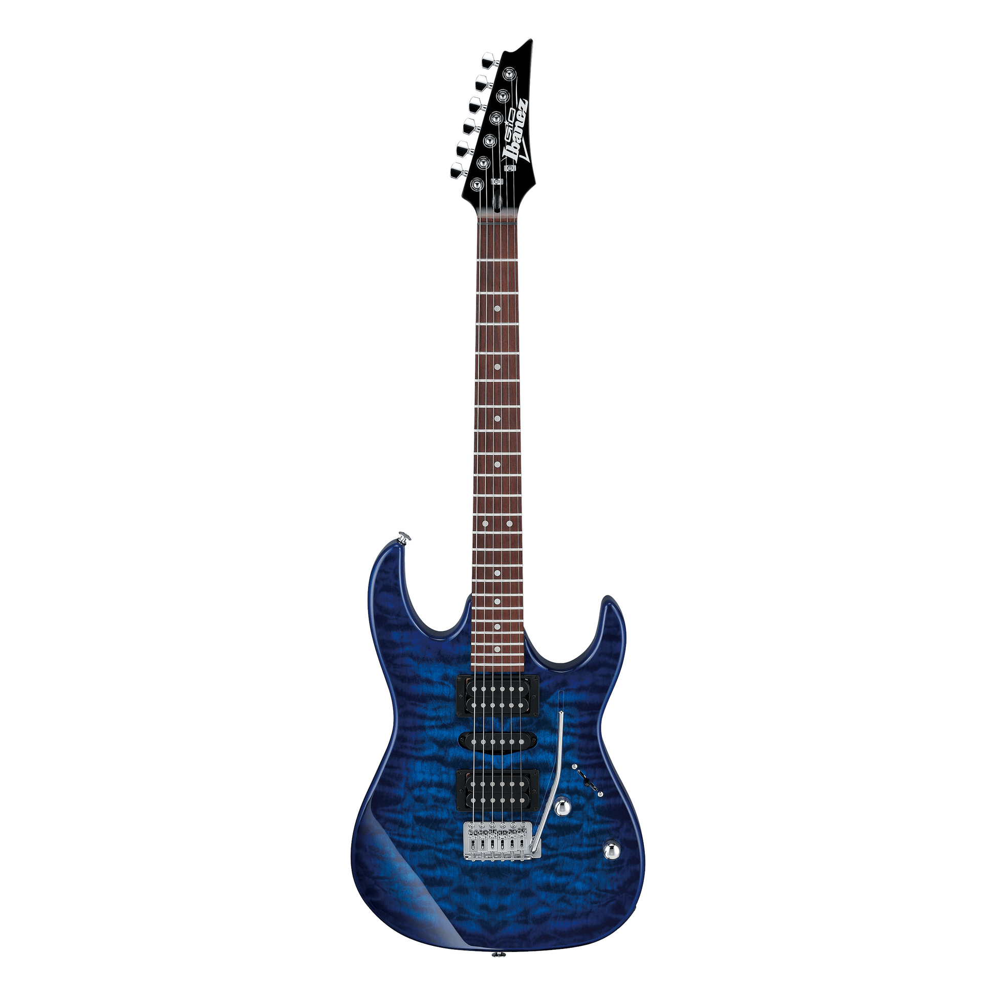 Blue electric guitar on a white background